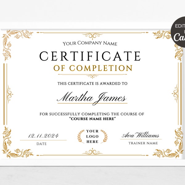 Certificate Of Completion Template, Printable Course Certificate Of Completion, Editable Beauty Award Canva Certificate Template. TDS-10