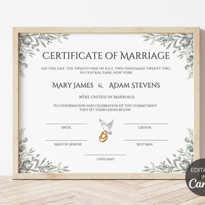 Modèle de certificat de mariage modifiable, certificat de mariage personnalisé, certificat de mariage imprimable, souvenir de mariage Canva. FT-10 image 4