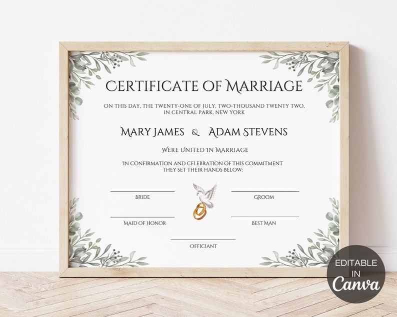 Modèle de certificat de mariage modifiable, certificat de mariage personnalisé, certificat de mariage imprimable, souvenir de mariage Canva. FT-10 image 4