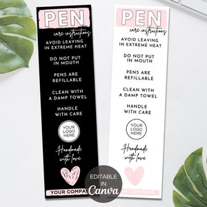 Plantilla Canva de tarjeta de cuidado de bolígrafo editable, tarjetas de cuidado de bolígrafo epoxi, tarjetas de cuidado de bolígrafo de gel, paquete de pedido de instrucciones de cuidado de bolígrafo imprimibles. TDS-05