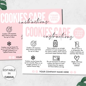Modelo de cartão editável para cuidados com biscoitos Canva, instruções para cuidados com biscoitos para impressão, modelo Canva para inserção de embalagem comercial de biscoitos. TDS-05
