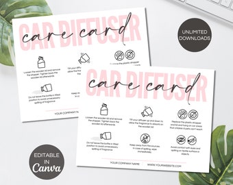 Tarjeta de cuidado del difusor de coche, tarjetas de cuidado imprimibles para pequeñas empresas, plantilla editable de Canva