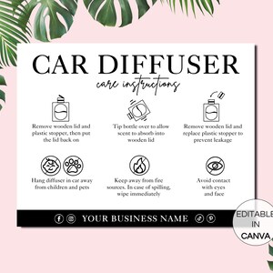 Könnte beinhalten: Eine weiße Karte mit schwarzem Text, der "CAR DIFFUSER care instructions" lautet. Die Karte enthält Illustrationen und Gebrauchsanweisungen, wie z. B. das Entfernen des Deckels und das Vermeiden von Augenkontakt. Der untere Teil der Karte enthält Social-Media-Symbole und den Text "YOUR BUSINESS NAME."