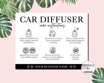 Car Diffuser Care Card, Printable Diffuser Instructions Cards, Editable Canva Template