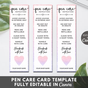 Modelo de cartão de cuidados com caneta, cartões de cuidados com caneta epóxi editáveis, cartão de instruções de cuidados com caneta de gel imprimível, modelo de Canva para inserção de embalagem de caneta. TDS-05