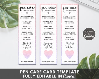 May include: Three pink and white glitter pen care instruction cards with the text "pen care instructions" at the top. The cards list instructions for taking care of pens, including avoiding extreme heat, not putting them in the mouth, cleaning them with a damp towel, and handling them with care. The cards also include the text "Handmade with love" and a pink and white glitter heart. The cards have the text "Your Shop Name" at the bottom. The cards are fully editable in Canva.