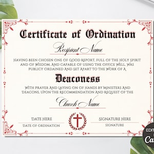 Editable Deaconess Ordination Certificate Template, Printable Certificate of Ordination, Ministry Certificate, Ordained Minister. TDS-10