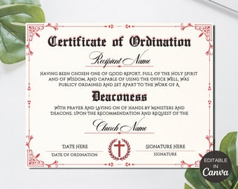 Editable Deaconess Ordination Certificate, Printable Ministry Certificates of Ordination, Church Religious Canva Template