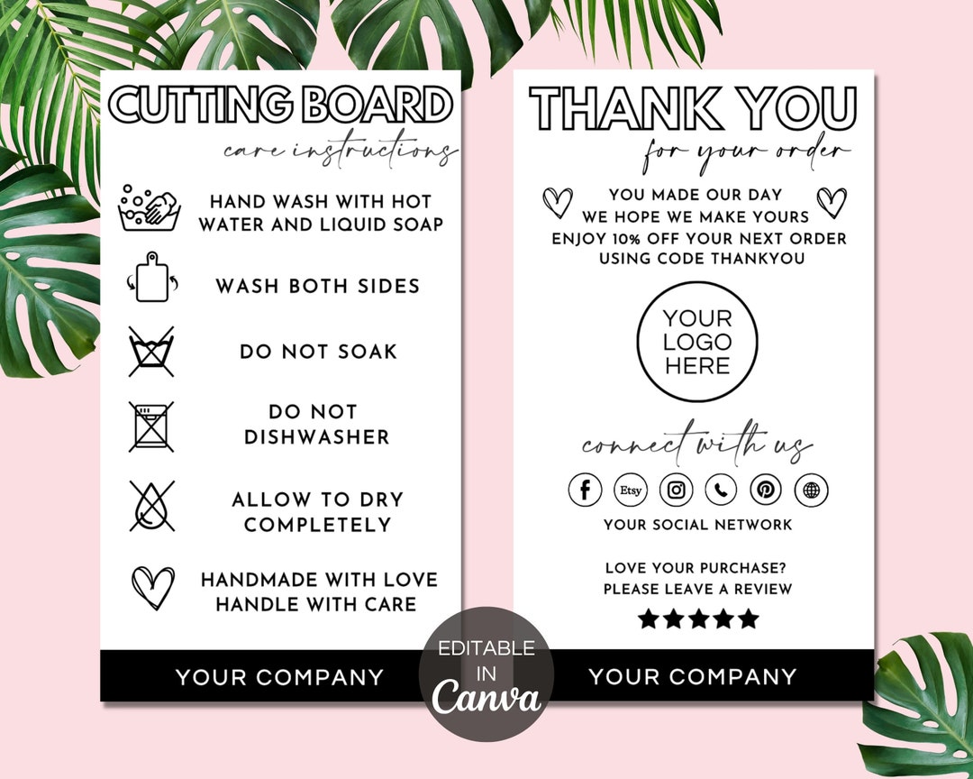 Cutting Board Care Card Template, Editable Chopping Board Care