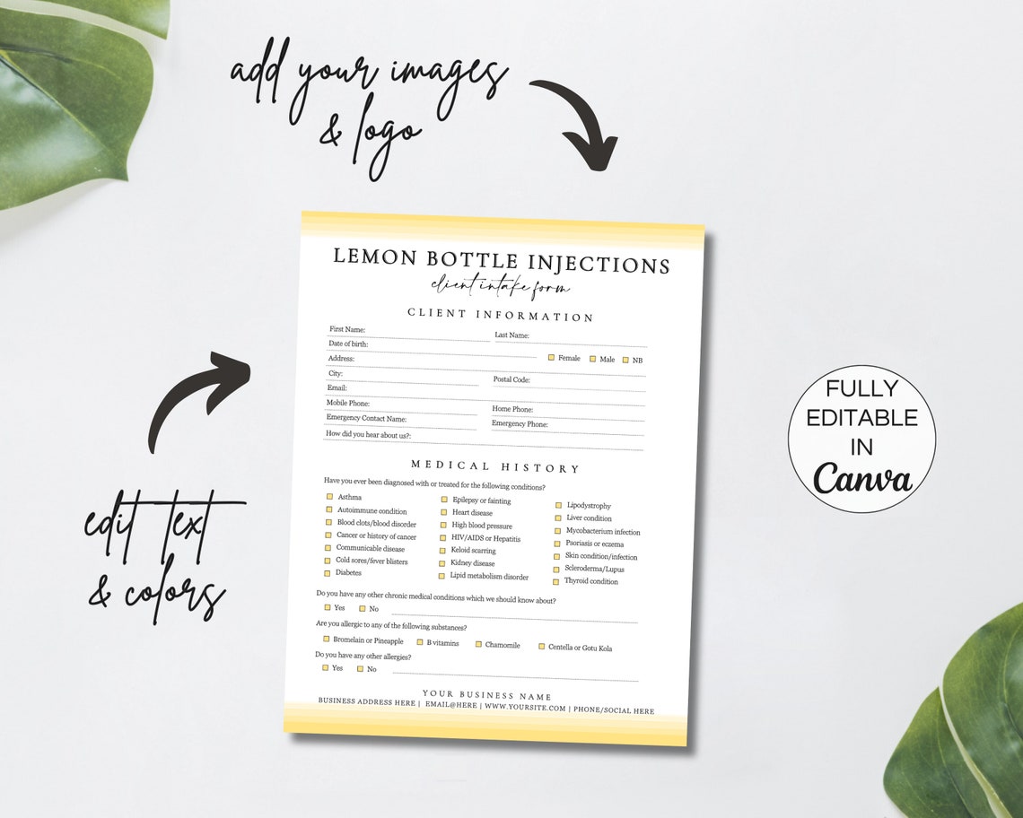 Bottling Rework Form Lemon Bottle Injections Forms Bundle, Printable Fat Dissolving Client ...