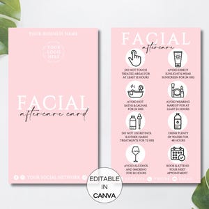 Facial Aftercare Card, Facial Care Cards, Printable Esthetician Care Introductions Template, Facial Treatment Post Care Guide.