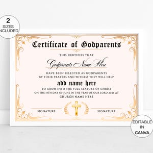 Plantilla de certificado de padrinos, certificado de padrinos editable, plantilla de certificado de bautismo imprimible en Canva, certificado de iglesia para armar