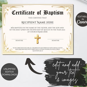 Baptism Certificate Template Editable, Printable Certificate of Baptism ...