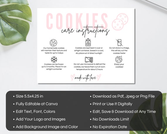 Cookie Care Card Template Canva, Editable Cookie Package Care Instructions, Cookie Business Care Card Template, Printable Care Cards. TDS-05