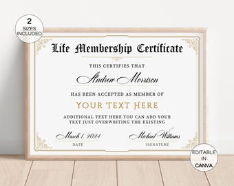 Editable Certificate of Life Membership, Printable Life Membership ...