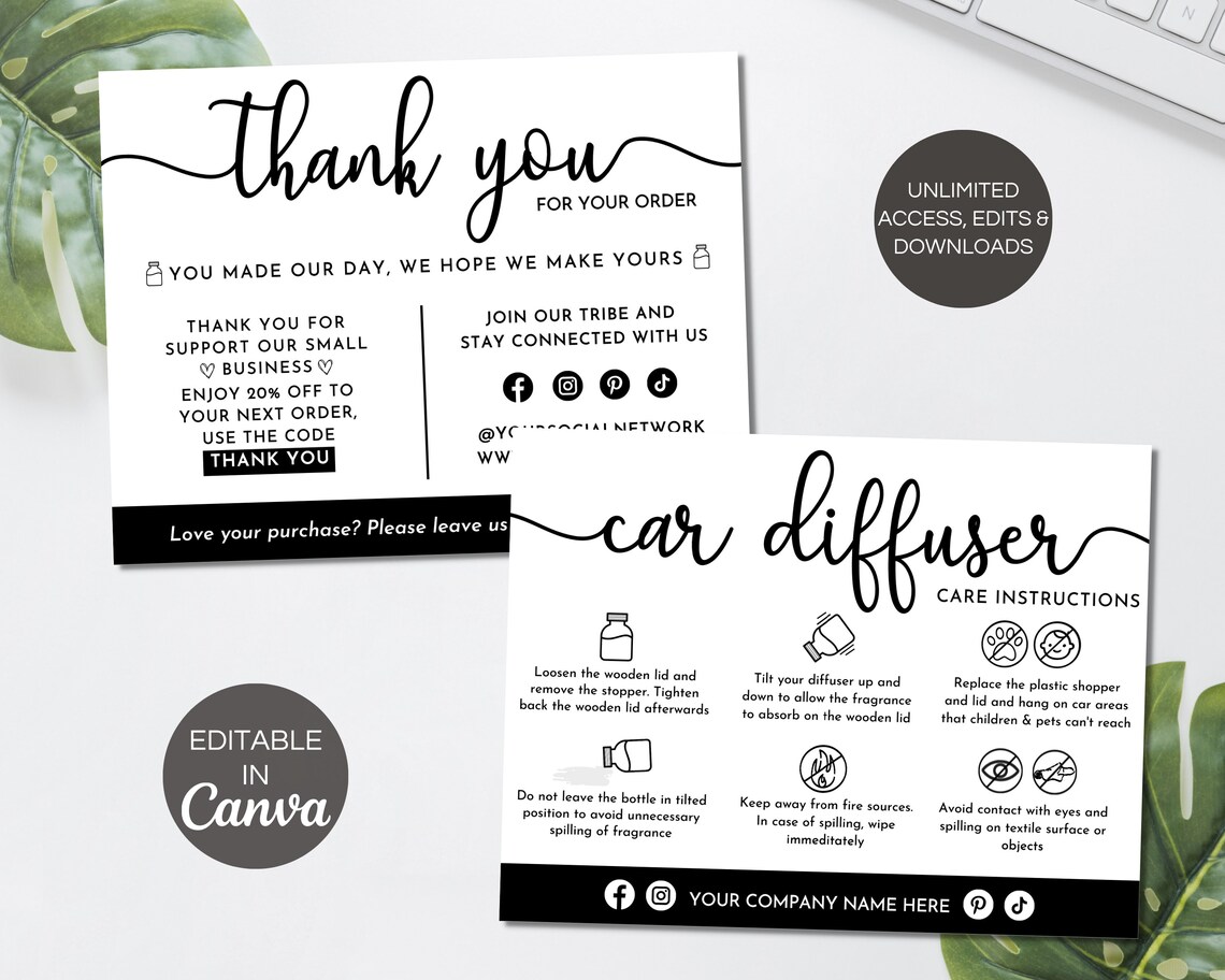 Car Diffuser Care Card, Printable Diffuser Instructions Cards, Editable ...