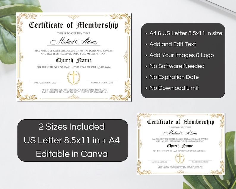 Puede incluir: Un conjunto de certificados de membres&iacute;a editables en tama&ntilde;os A4 y US Letter. Los certificados presentan bordes dorados ornamentados e incluyen campos para un nombre, el nombre de la iglesia y la fecha. El texto dice "Certificado de Membres&iacute;a".