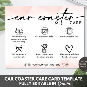 Editable Car Coaster Care Card Template, Printable Car Coaster Care Instructions Card, Sublimation Coasters Care Guide Canva Template.TDS-05
