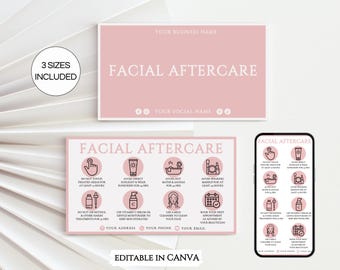 Editable Facial Aftercare Card, Facial Treatment Care Cards, Printable Esthetician Beauty Salon Canva Template