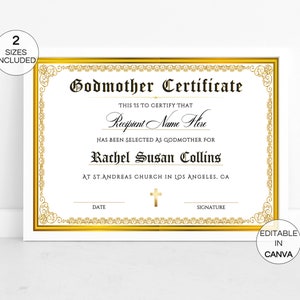 Plantilla de certificado de madrina, certificado de regalo editable para madrinas y padrinos, plantilla imprimible de certificado de bautismo en Canva. TDS-10