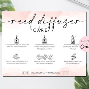 Bearbeitbare Reed Diffuser Pflegeanleitung, Reed Diffuser Pflegekartenvorlage, Raumdiffusor Pflegeanleitung, Small Business Canva Template. TDS-05