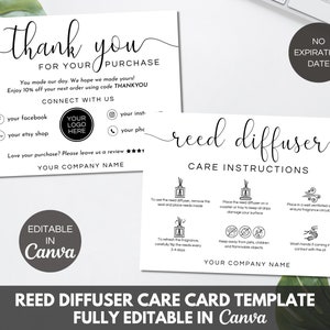 Reed Diffuser Care Card, Editable Reed Diffuser Care Instructions Card Canva Template, Printable Small Business Thank You Cards.  TDS-05