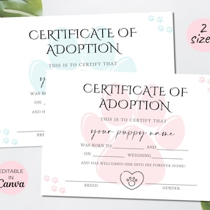 Certificato modificabile di adozione di animali domestici per cani gatti, certificato di festa di adozione di animali domestici stampabile, modello di certificato di adozione animale. TDS-09