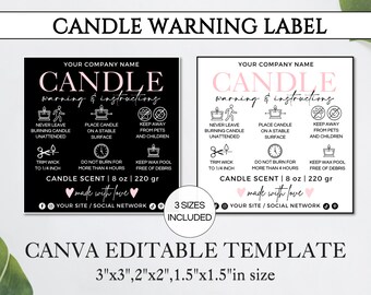 Candle Warning Label Template, Editable Candle Warning Sticker, Printable Square Candle Label Warning Instructions Canva Template. TDS-06