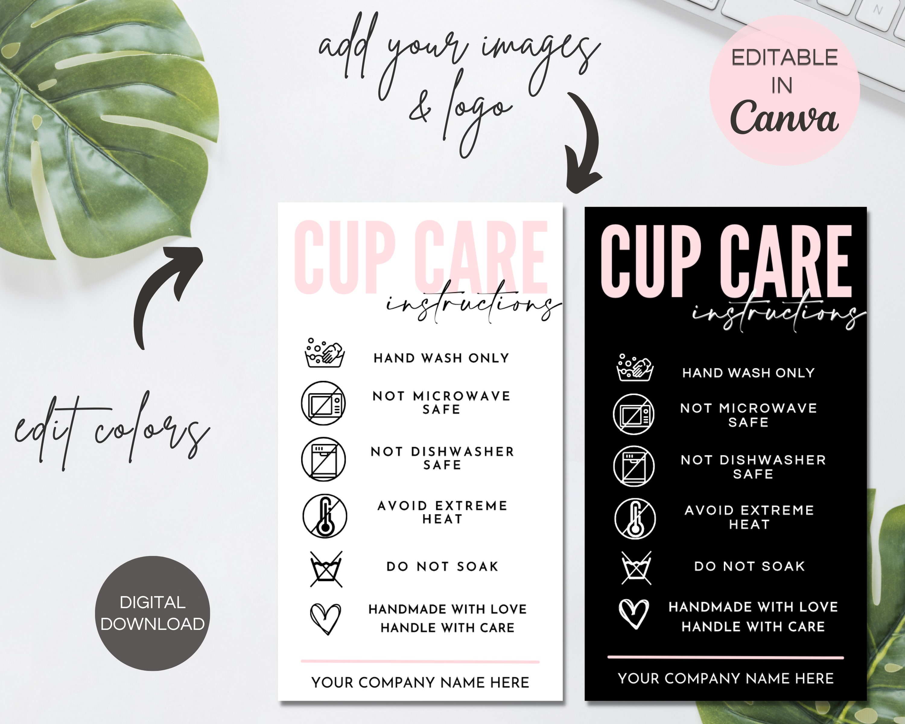 Tumbler Cup Care Card, Printable Cup Instructions Cards, Editable Canva ...