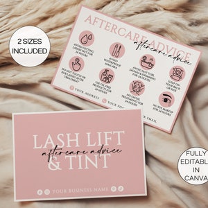 Bewerkbare wimperlift- en tintnazorgkaart, afdrukbare wimperliftnazorgkaart, wimpervisitekaartje, wimperverzorgingskaart Canva-sjabloon. TDS-05