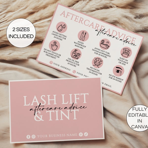 Editable Lash Lift And Tint Aftercare Card, Printable Lash Lift Aftercare Card, Lash Business Card, Lash Care Card Canva Template. TDS-05