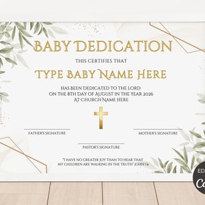 Modelo de certificado de dedicação de bebê, certificado de dedicação de criança editável, certificado de batizado de bebê para impressão Canva Template. TDS-10