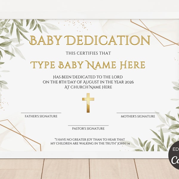 Baby Dedication Certificate Template, Editable Child Dedication Certificate, Printable Baby Christening Certificate Canva Template. TDS-10