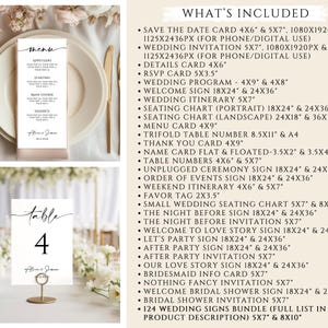 May include: Elegant wedding stationery set featuring a menu card, table number, and a list of included items. The menu card is on a plate with a gold fork and knife. The table number is gold with the number 4. The text includes "menu" and "table".