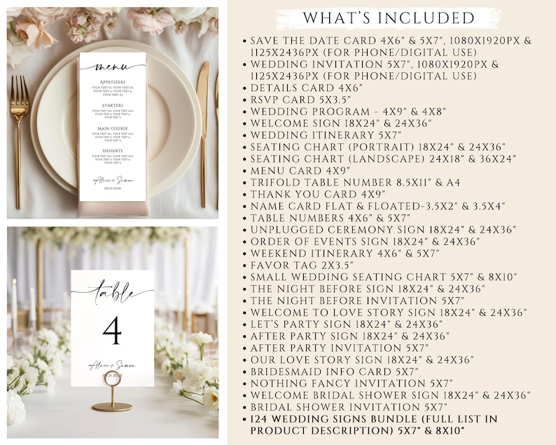 May include: Elegant wedding stationery set featuring a menu card, table number, and a list of included items. The menu card is on a plate with a gold fork and knife. The table number is gold with the number 4. The text includes "menu" and "table".