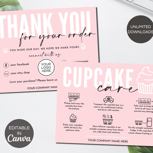 Cupcake Care Card Template, Editable Cupcake Care Instructions, Printable Cupcake Business Thank You Cards, Cupcake Packaging Inserts.TDS-05