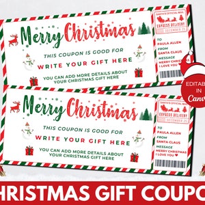Plantilla de cupón de Navidad imprimible, idea de regalo de Navidad para ella, boleto de evento editable, cupón de regalo de Navidad para novio, tarjeta Canva. TDS-13