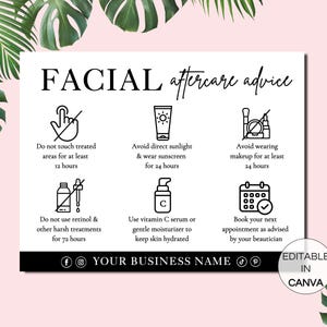Facial Aftercare Card, Editable Facial Care Cards, Printable Esthetician Care Introductions Template, Facial Treatment Post Care Guide.