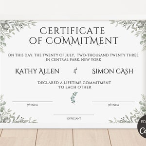 Greenery Zertifikat der Engagement-Vorlage, bearbeitbares Engagement-Zertifikat, druckbare Heiratsurkunde, Engagement-Zeremonie. TDS-10