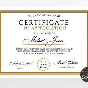 Peut inclure: Un certificat d'appréciation encadré d'or avec du texte noir et blanc. Le certificat est décerné à Michael James pour son travail acharné, son engagement et son dévouement. La date est le 1er mars 2024. Le nom du formateur est Adam Williams.