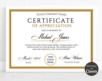 Certificate Of Appreciation Template, Editable Appreciation Award DIY Certificates, Edit In Canva