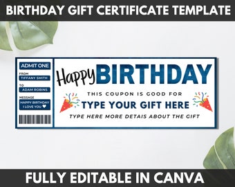 Plantilla de certificado de regalo de feliz cumpleaños, cupón de regalo de cumpleaños personalizado, vale de cumpleaños editable, plantilla de Canva de cumpleaños imprimible. TDS-13