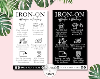 Iron-On Instructions Card, Printable Heat Transfer Vinyl Instructions, HTV Application Guide Editable Canva Template