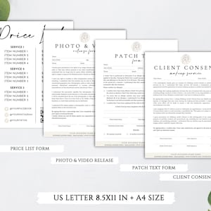 Puede incluir: Cuatro formularios imprimibles para un maquillador o profesional de la belleza. Los formularios se titulan "Price List Form", "Photo & Video Release", "Patch Text Form" y "Client Consent". Los formularios est&aacute;n en blanco y negro con un dise&ntilde;o minimalista.
