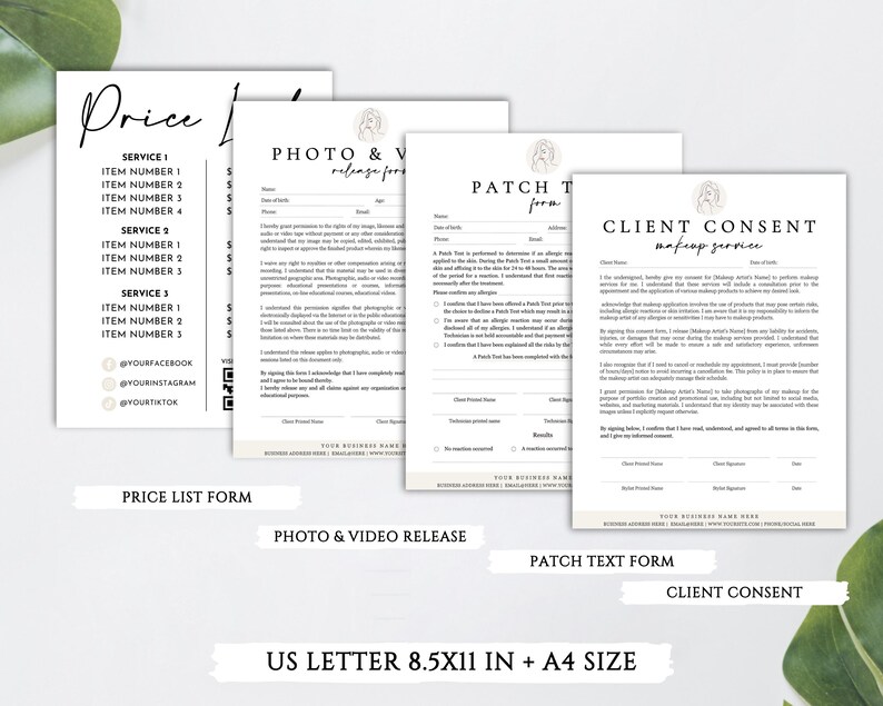 Puede incluir: Cuatro formularios imprimibles para un maquillador o profesional de la belleza. Los formularios se titulan "Price List Form", "Photo & Video Release", "Patch Text Form" y "Client Consent". Los formularios est&aacute;n en blanco y negro con un dise&ntilde;o minimalista.
