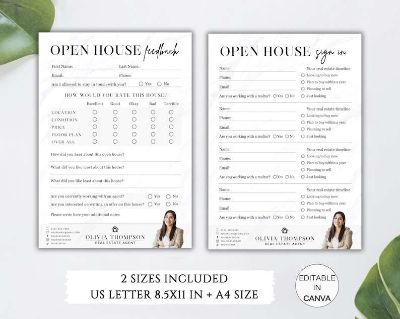 Editable Open House Sign in and Feedback Form Bundle, Printable Realtor ...