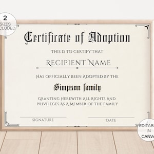 Modèle de certificat d&#39;adoption, certificat d&#39;adoption d&#39;enfant modifiable, certificat d&#39;adoption familial imprimable, certificat-cadeau de belle-mère