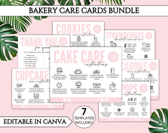 Paquete de tarjetas de cuidado comercial de panadería, tarjeta de cuidado de pasteles editable, tarjetas de cuidado de galletas imprimibles, guía de cuidado de cupcakes, tarjeta de cuidado de macarrones Cake Pop.