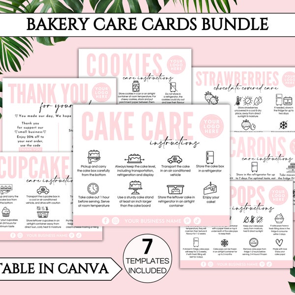 Bakery Business Care Cards Bundle, Editable Cake Care Card, Printable Cookie Care Cards, Cupcake Care Guide, Cake Pop Macaron Care Card.