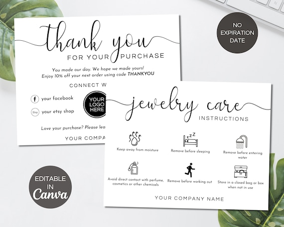 Jewelry Care Card, Jewelry Care Instructions Card, Jewelry Packaging  Insert, Small Business Thank You Cards, Editable Canva Template. TDS-05 